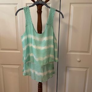 BCX Green and White TYE DYE GAUZE TANK with crochet straps M